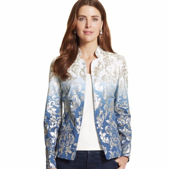 Chicos Novelty Foiled Pattern Jacket Size 4 Small White Blue Ombre Dip Dye - Picture 2 of 11